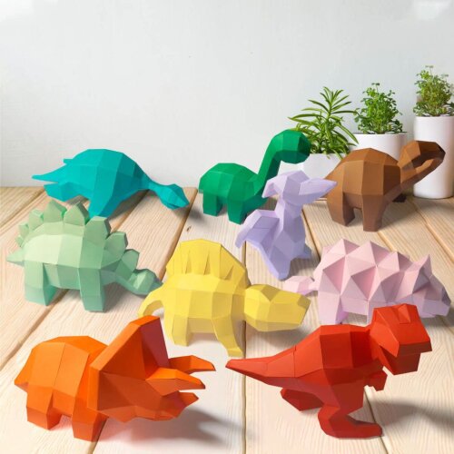 9 Dinossaurinhos coloridos – Escultura 3D de Papel para Decoração