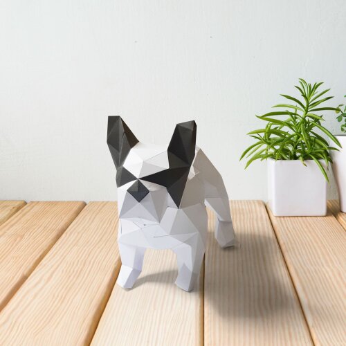 Bulldog branco e cinza – Escultura 3D de Papel para Decoração