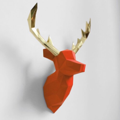 Alce laranja com chifre dourado – Escultura 3D de Papel para Decoração