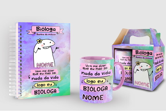 Caneca + Kit Agenda Profissão Bióloga Biologia Flork Nome