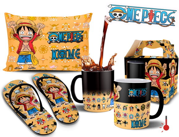 Caneca + Kit Chinelo One Piece Luffy com Nome Personalizado