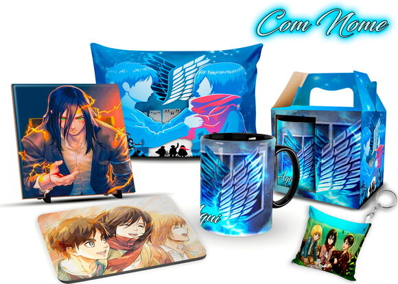 Caneca + kit Shingeki no Kyojin com nome personalizado Mod 2