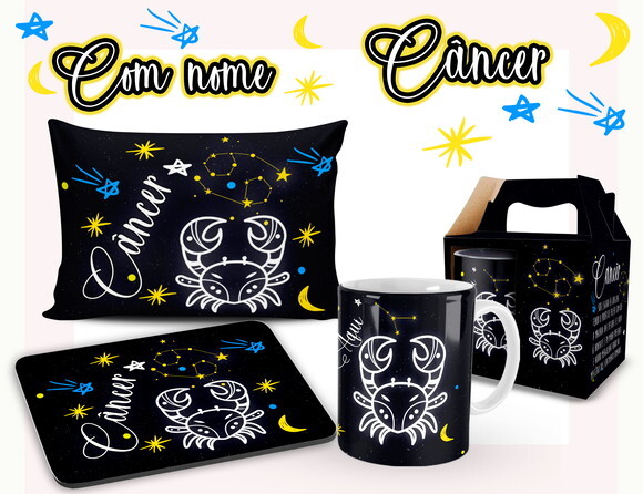 Caneca + Kit Signo Câncer Personalizada Com Nome