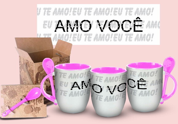 Caneca Com Colher Personalizada Amo Você Te Amo + Caixinha