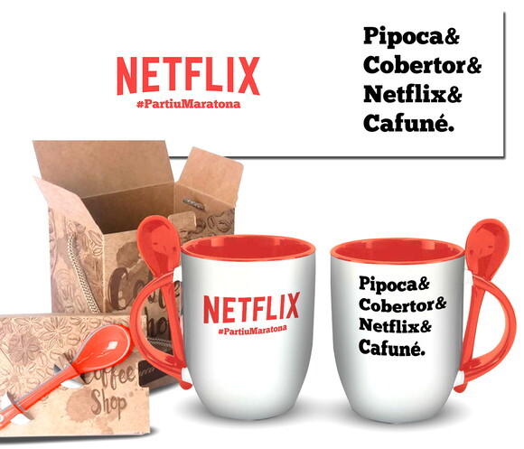 Caneca Com Colher Personalizada Netflix Frases + Caixinha
