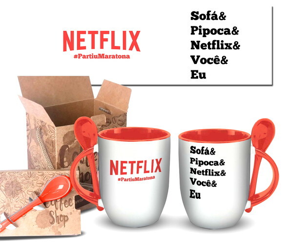 Caneca Com Colher Personalizada Netflix Frases + Caixinha