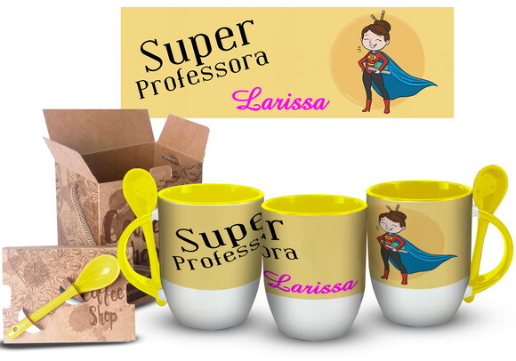 Caneca Com Colher Personalizada Super Professora Com Nome