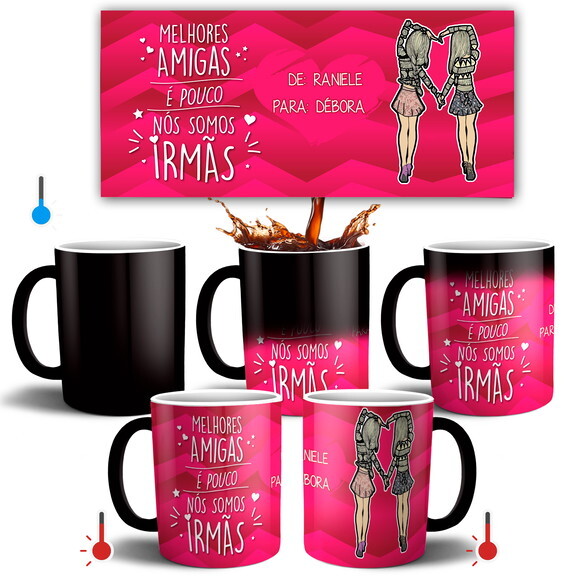 Caneca E Almofada Mágica Lantejoulas Melhores Amigas Amizade