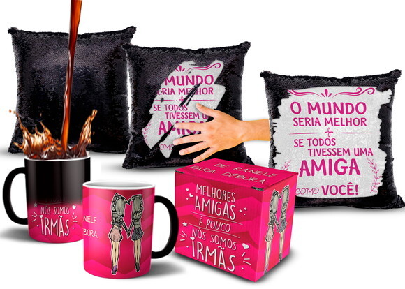 Caneca E Almofada Mágica Lantejoulas Melhores Amigas Amizade