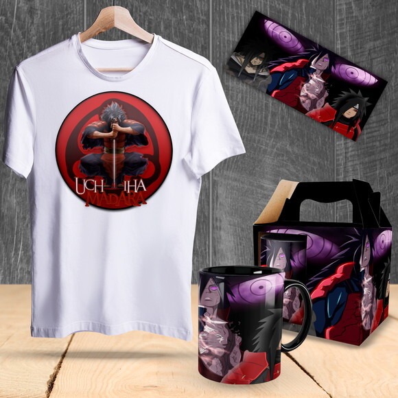 Caneca e Camisa Uchiha Madara Naruto Shippuden + Caixinha
