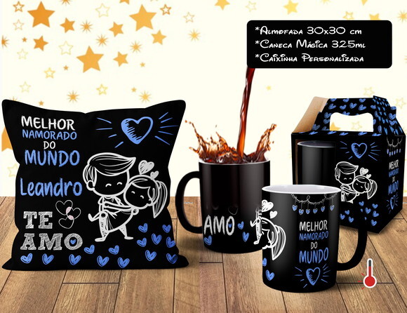 Caneca Mágica + Almofada Melhor Namorado do Mundo com Nome
