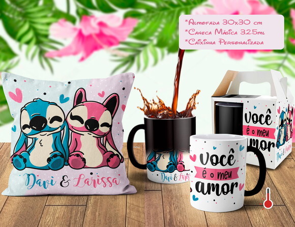 Caneca Mágica + Almofada Presente Casal Namorados com Nomes