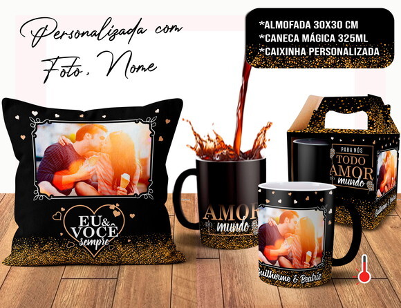Caneca Mágica + Almofada Presente Namorados Eu & Vc com Foto