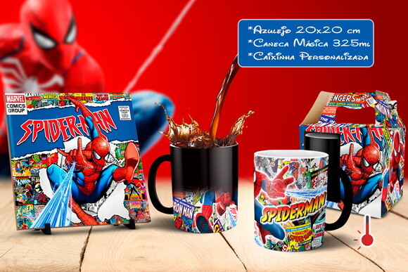 Caneca Mágica + Azulejo Homem Aranha Marvel