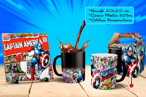 Caneca Mágica + Azulejo Personalizado Capitão América Marvel