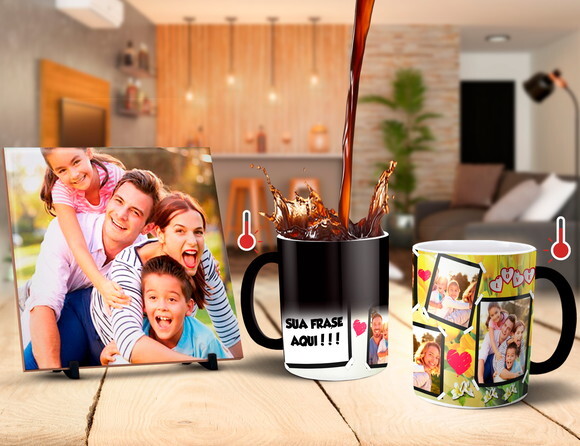 Caneca Mágica + Azulejo Personalizado Família com Fotos