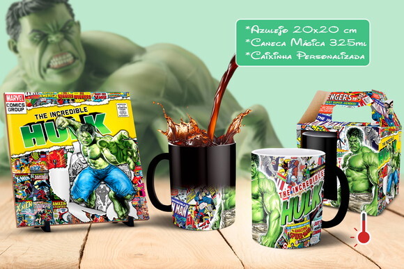 Caneca Mágica + Azulejo Personalizado Hulk Marvel