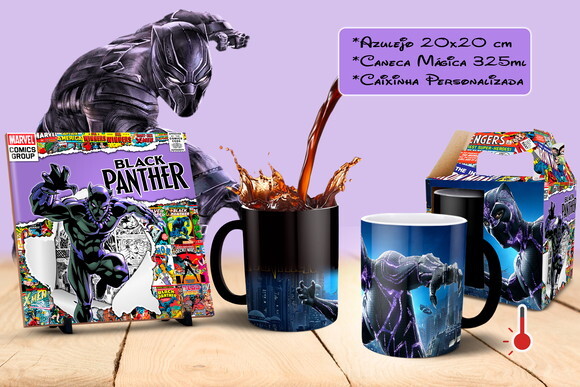 Caneca Mágica + Azulejo Personalizado Pantera Negra Marvel