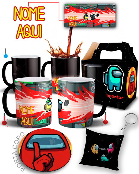 Caneca Mágica + kit Among Us com Nome - Mod 002