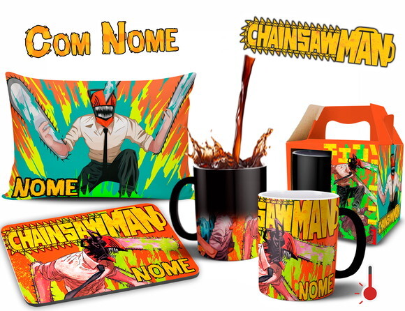 Caneca Mágica + Kit Chainsaw Man Personalizado com Nome