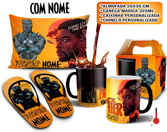 Caneca Mágica + Kit Chinelo Pantera Negra com Nome