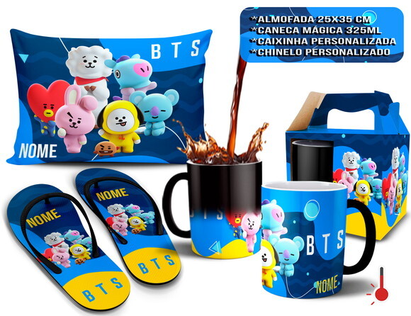 Caneca Mágica + Kit com Chinelo Bts K-pop com Nome