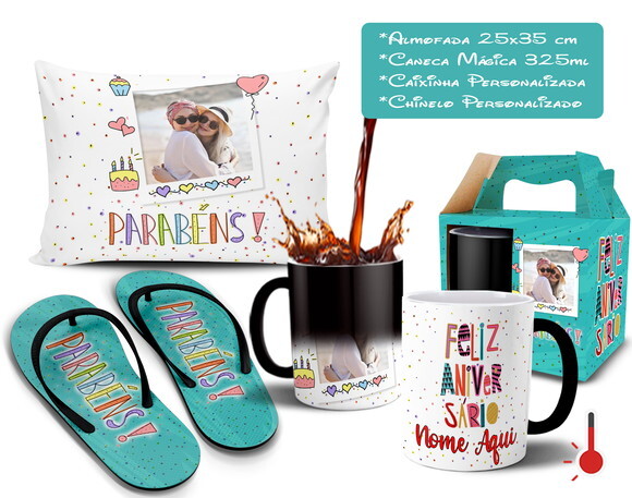 Caneca Mágica + Kit Feliz Aniversário Com Nome E Foto