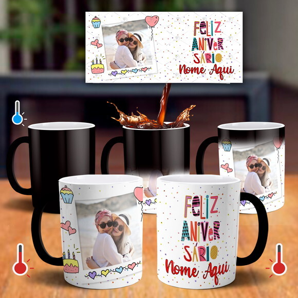 Caneca Mágica + Kit Feliz Aniversário Com Nome E Foto