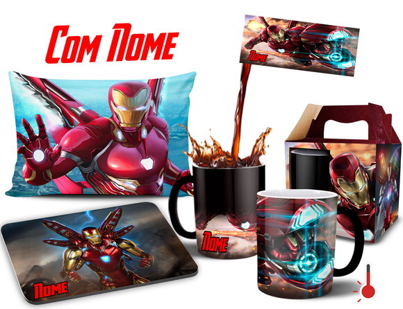 Caneca Mágica + Kit Homem de Ferro Vingadores com Nome