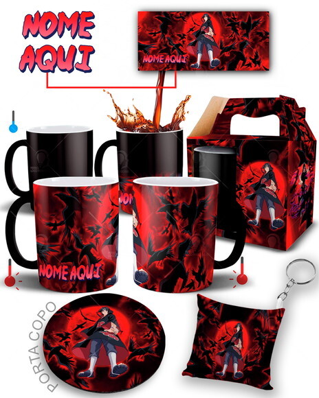 Caneca Mágica + kit Itachi Uchiha Naruto Shippuden com Nome