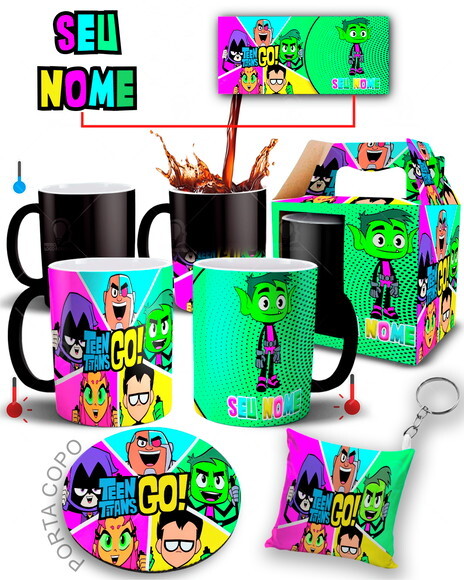 Caneca Mágica + Kit Mutano Os Jovens Titãs Com seu Nome