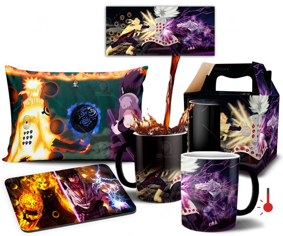 Caneca Mágica + Kit Naruto e Sasuke vs Uchiha Madara