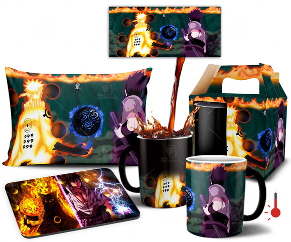 Caneca Mágica + Kit Naruto e Sasuke vs Uchiha Madara