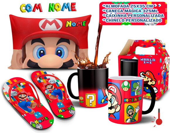 Caneca Mágica + kit Personalizado Super Mário com Nome