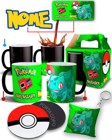Caneca Mágica + Kit Pokémon Bulbasaur com Nome Personalizado