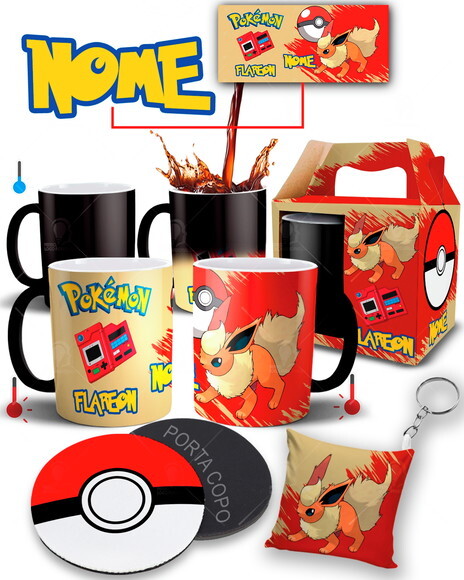 Caneca Mágica + Kit Pokémon Flareon Personalize com Nome