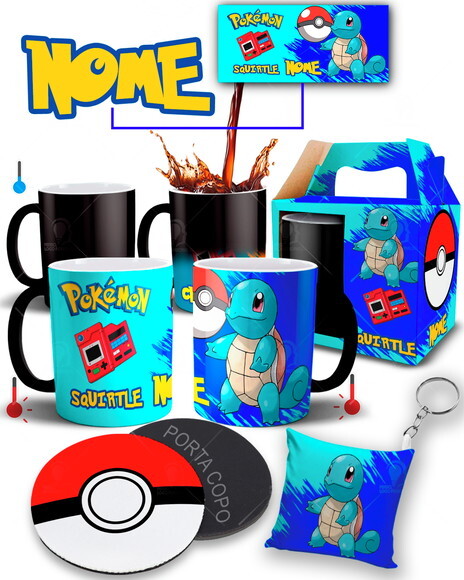 Caneca Mágica + Kit Pokémon Squirtle com Nome Personalizado