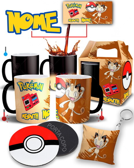 Caneca Mágica + Kit Pokémon Meowth Personalize com Nome