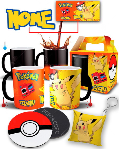 Caneca Mágica + Kit Pokémon Pikachu Nome Personalizado