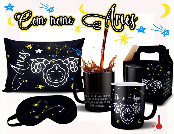 Caneca Mágica + Kit Signo Áries Personalizada Com Nome