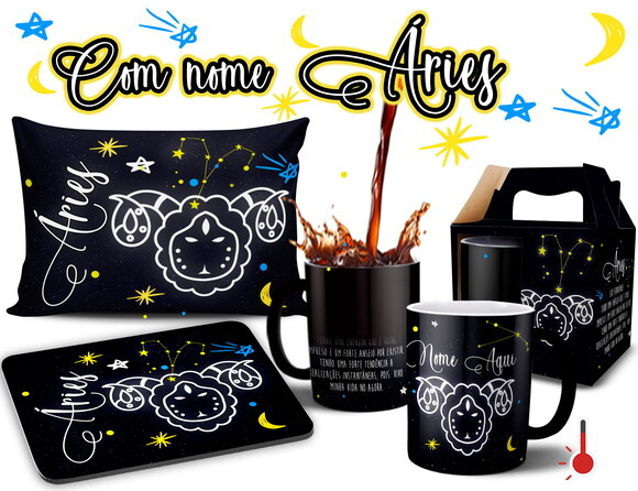 Caneca Mágica + Kit Signo Áries Personalizada Com Nome