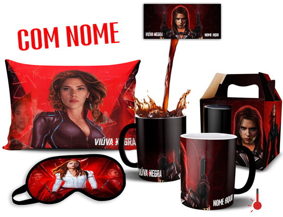Caneca Mágica + Kit Viúva Negra Vingadores com Nome