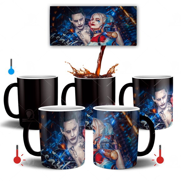 Caneca Mágica Coringa E Arlequina + Caixinha