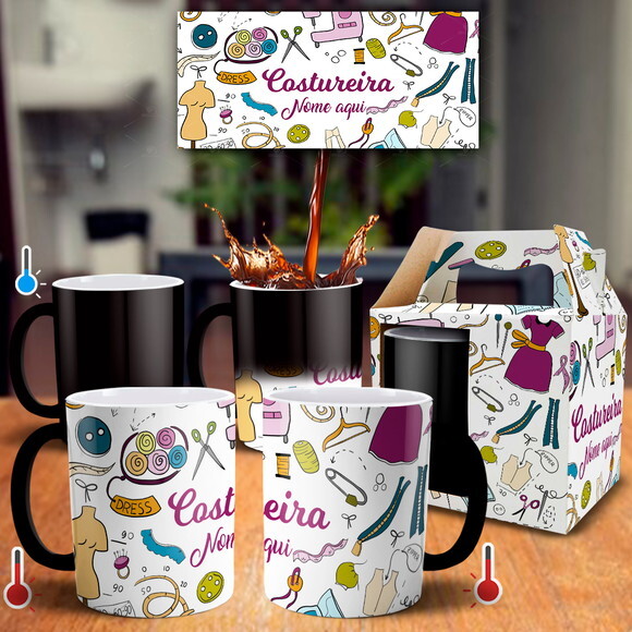 Caneca Mágica Costureira com Nome + Caixinha