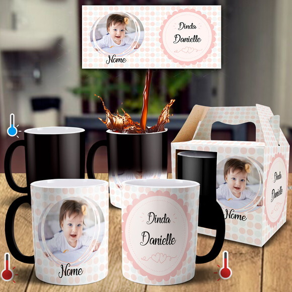 Caneca Mágica Dinda Batizado com Foto e Nomes + Caixinha