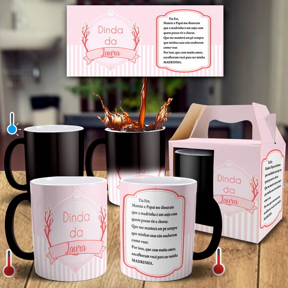 Caneca Mágica Dinda Batizado com Nome + Caixinha