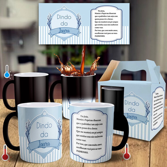 Caneca Mágica Dindo Batizado com Nome + Caixinha