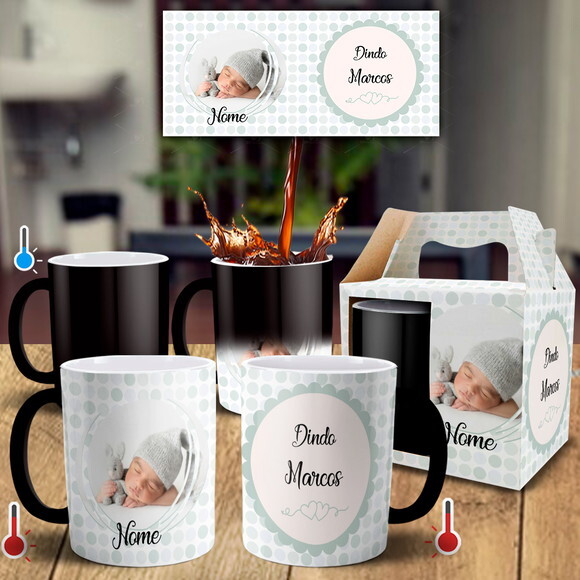Caneca Mágica Dindo Batizado com Foto e Nomes + Caixinha