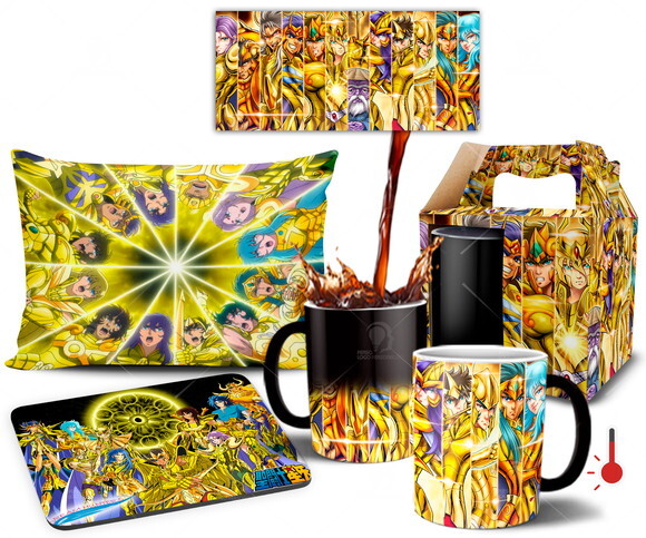 Caneca Mágica e Almofada Cavaleiros do Zodíaco Ouro Anime