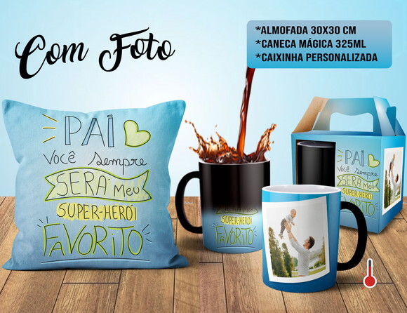 Caneca Mágica e Almofada Dia dos Pais com 1 foto + Caixinha